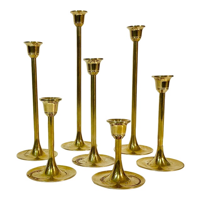Mid Century Hollywood Regency Gustavian Swedish Graduating Brass Candle Holders - Set of 7 For Sale