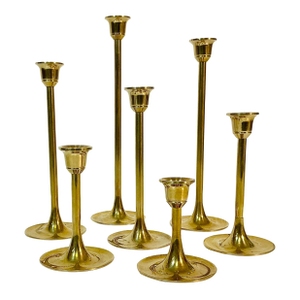 Mid Century Hollywood Regency Gustavian Swedish Graduating Brass Candle Holders - Set of 7