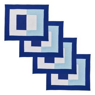 Misette Bauhaus Embroidered Linen Placemats in Blue, Set of 4 For Sale