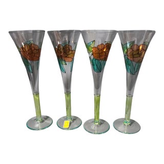 Vintage Royal Danube Elegant Fine Crystal Hand Painted Roses Champagne Cocktail Glasses- Set of 4 For Sale