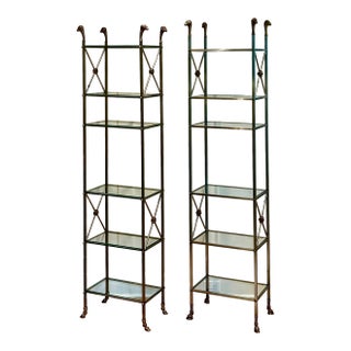 Steel Brass Glass French Etageres, Maison Jansen Style, Mid Century, Near Pair For Sale