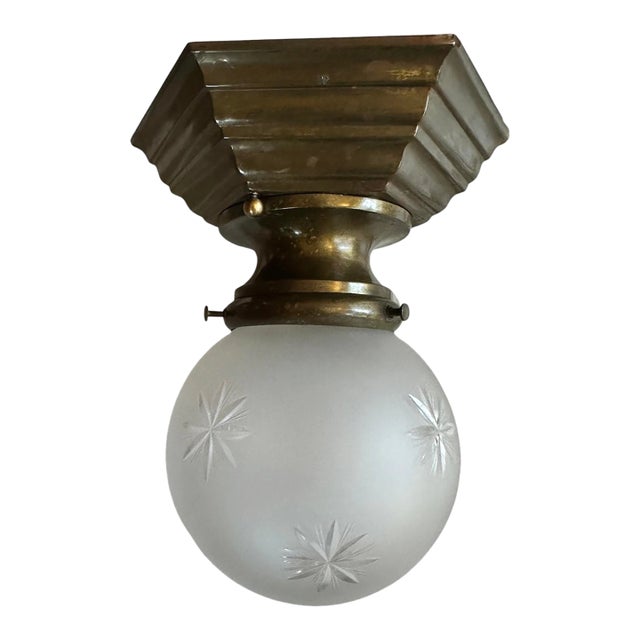 1920s Art Deco Frosted Wheel Cut Stars Pattern Flushmount For Sale