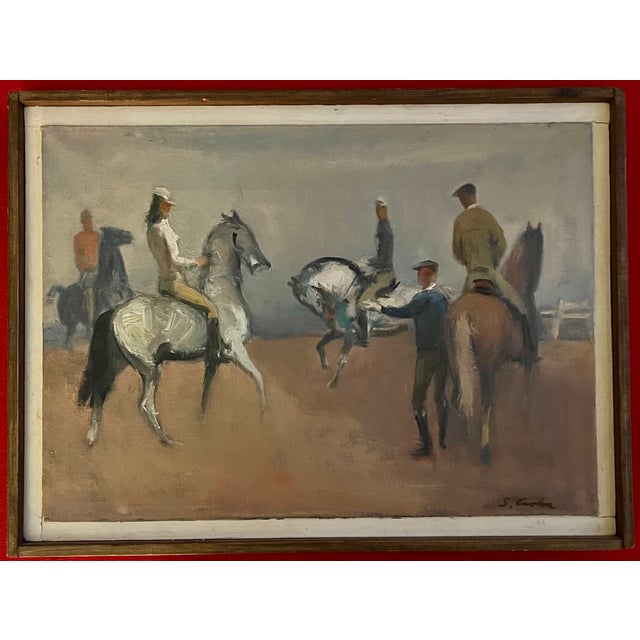 Tan Stephen Csoka (American 1897 - 1989) Mid-Century Oil Painting on Canvas of Equestrian Figures on Riding Horse Back Circa 1950 For Sale - Image 8 of 8