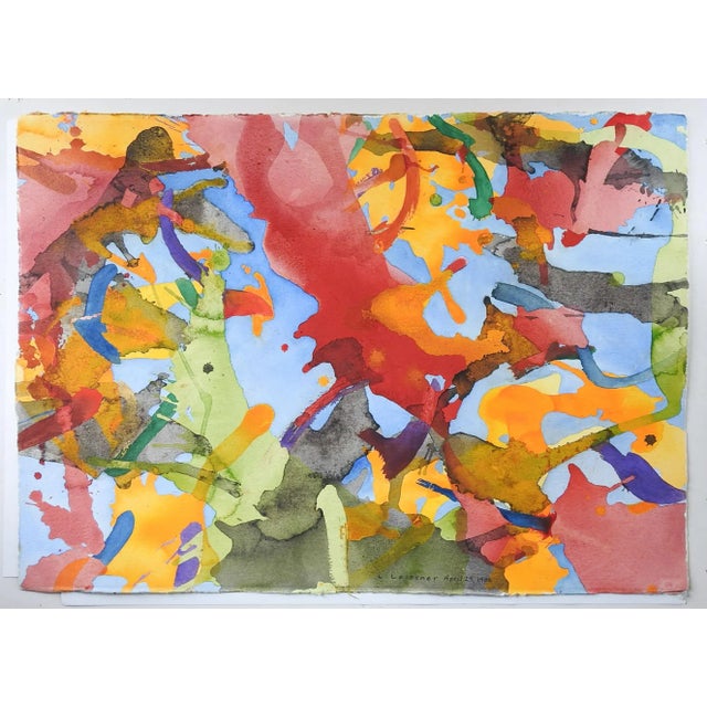 Contemporary Vintage Abstract Sky Blue & Bright Colors Watercolor Painting For Sale - Image 3 of 4