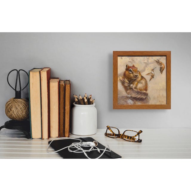 Spectator by Dana Hawk | Oil and copper leaf panel Squirrel with hummingbirds in a natural setting For Sale - Image 4 of 5