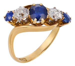 1910s Edwardian Sapphire Diamond 18k Yellow Gold Five Stone Ring, Size 6