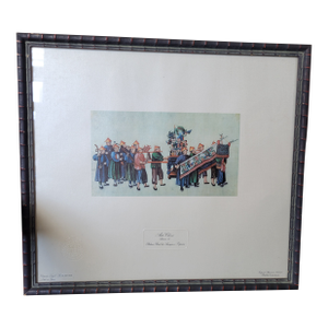 1970s Chinese Art Print in Bamboo Frame Litho Reproduction Stamped Sealed From Spain
