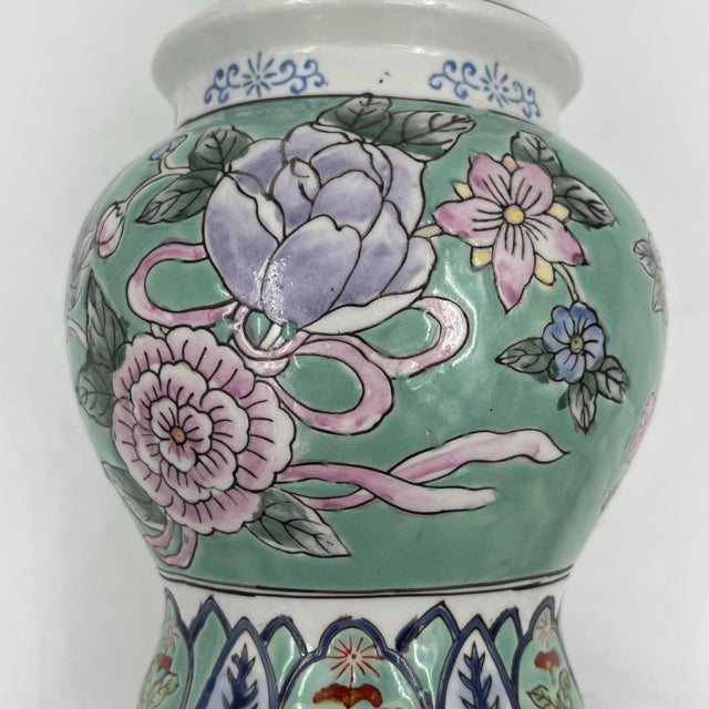 Chinoiserie Vintage Chinoiserie Small Ginger Jar Lamp With Pastel Floral and Ribbon Design For Sale - Image 3 of 11