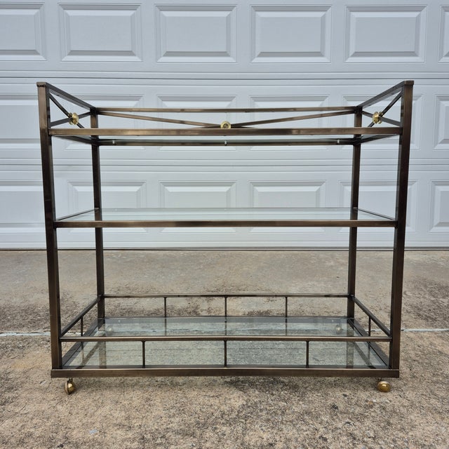 Late 20th Century Late 20th Century Neoclassical Maison Jansen Style 3-Tiered Metal & Glass Bar Cart or Serving Cart With Gallery For Sale - Image 5 of 10