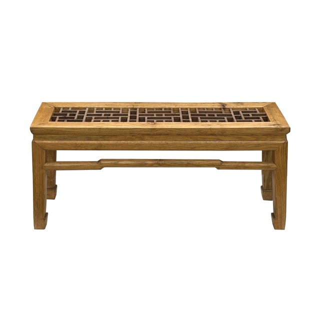 Oriental Ming Style Lattice Panel Inset Light Tan Brown Wood Bench Table For Sale - Image 4 of 12