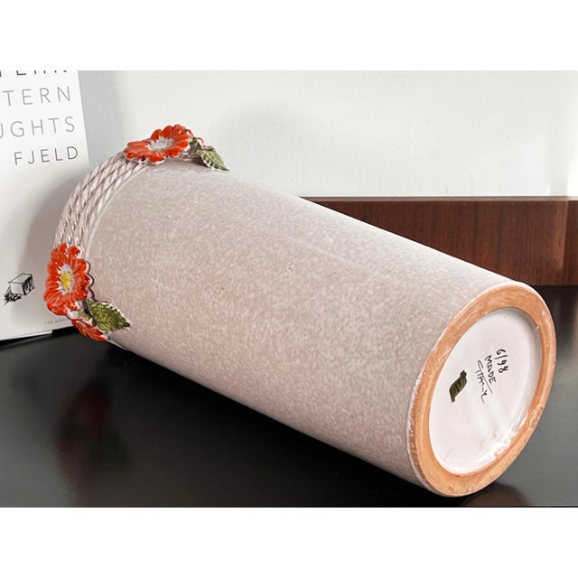 White Vintage Italian Ceramic White Floor Vase / Umbrella Stand W/ Orange Aster Flowers For Sale - Image 8 of 9