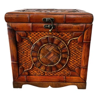 Late 20th Century Handcrafted Bamboo and Woven Rattan Storage Box, Side Table, Nightstand For Sale