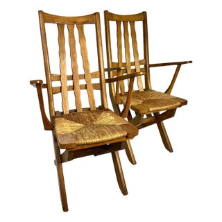 1940s Mid-Century French Modernist Folding Beech & Rush Garden Chair (Pair) For Sale