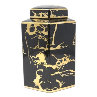Hexagonal Black & Gold Ceramic Lidded Jar For Sale