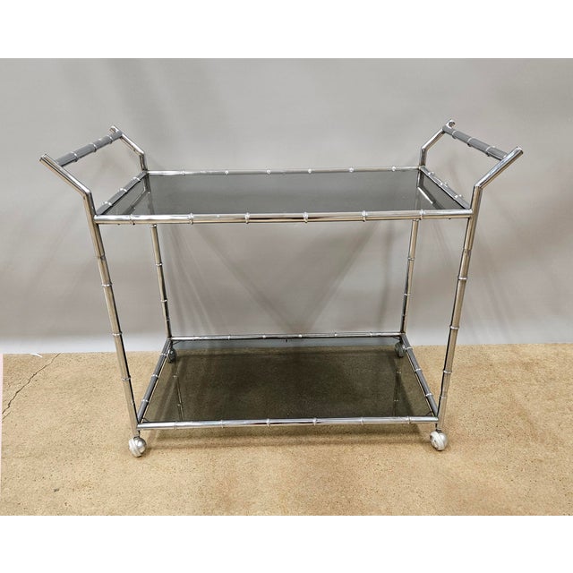 1970s Mid-Century Modern Large Faux Bamboo Steel and Smoked Glass Bar Cart For Sale - Image 11 of 11