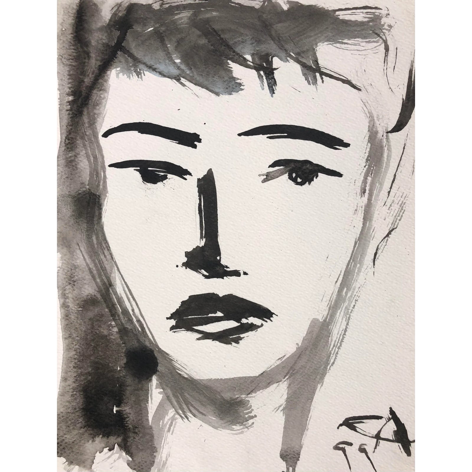 1990s Face of Boy, Ink on Paper by Auker | Chairish