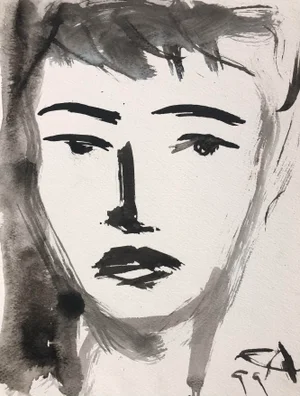 1990s Face of Boy, Ink on Paper by Auker