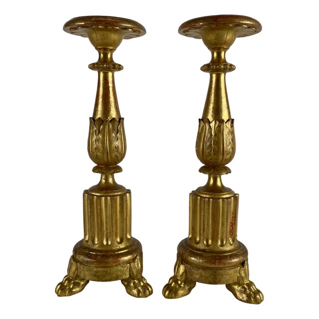 19th Century Italian Carved and Gilded Wooden Candlesticks, Set of 2 For Sale