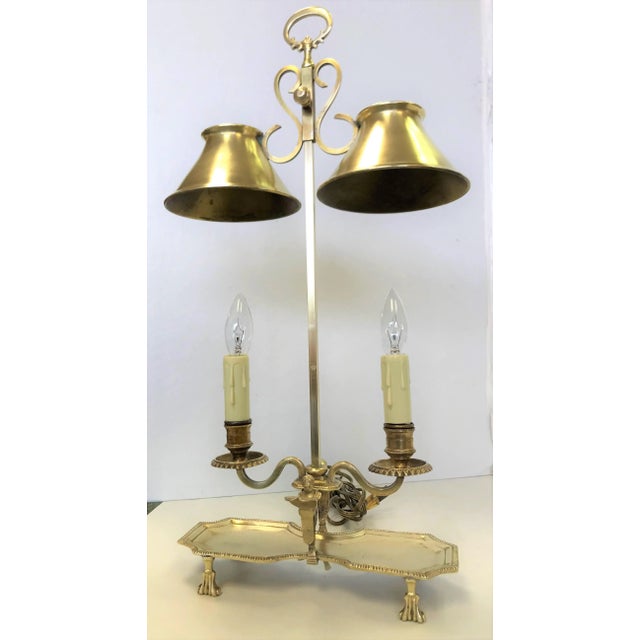 Antique Italian Brass Student Oil Lamp Converted to Electric With Adjustable Height Shades For Sale - Image 12 of 13
