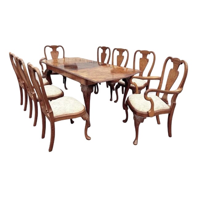 Art Deco Burr Walnut Extending Dining Table and Chairs, Set of 9 For Sale