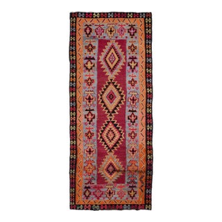 Vintage Kilim Red Handmade Flatweave Tribal Motif Wool Runner For Sale