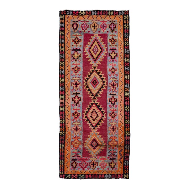 Vintage Kilim Red Handmade Flatweave Tribal Motif Wool Runner For Sale