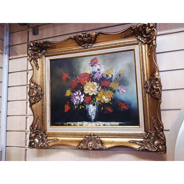 Vintage Floral Oil Painting on Canvas with Ornate Gilt Frame Flowers, Circa 1980 For Sale - Image 16 of 18