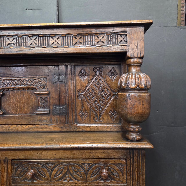 English 19th Century English Oak Carved Panel Jacobean 3 Door & 2 Drawer Court Cupboard With Bulbous Supports For Sale - Image 3 of 18