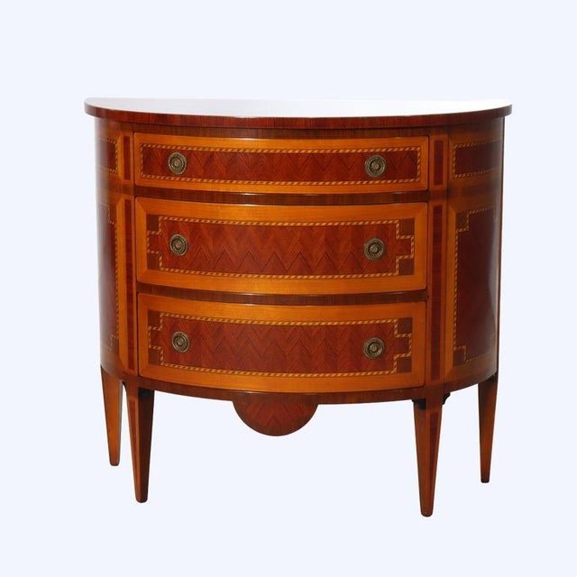 Hepplewhite Early 20th Century Pair Italian Hepplewhite Style Satinwood & Rosewood Inlaid Demilune Consoles For Sale - Image 3 of 15