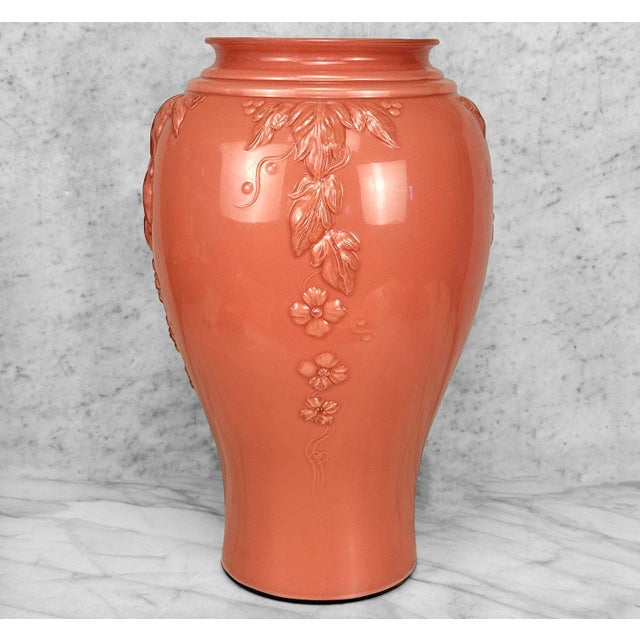 Art Nouveau Vintage Art Nouveau Floral Vine Embossed Rose Pink Glass Vase - 16" For Sale - Image 3 of 7