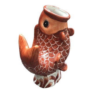 Vintage Chinese Porcelain Hand Painted Orange Glaze Koi Fish Vase For Sale