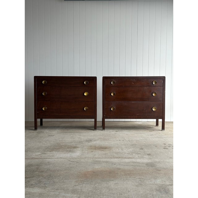 A striking pair of Norman Bel Geddes steel bachelor chests dating to the 1930s, embodying the streamlined elegance and...