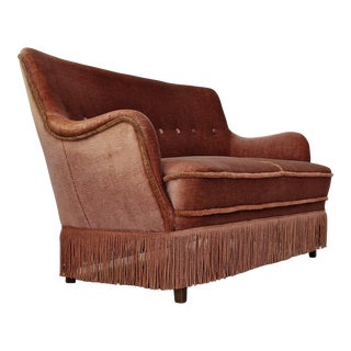 1970s, Danish Velour 2 Seater Sofa, Original Condition, Beech Wood. For Sale