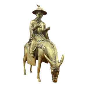 Early 20th Century Chinese Iron Bronze Gilt Man Scholar Riding a Horse Mule Statue Doorstop