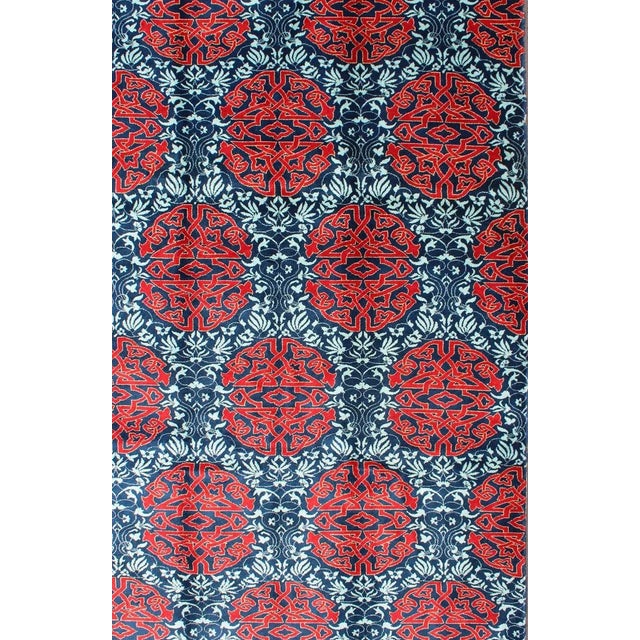 Red & Blue European Design Rug With Geometric Medallions and Vining Blossoms For Sale - Image 4 of 13