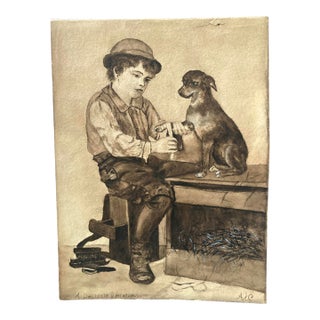 Ca. 1910: A Boy Tends to His Dog's Injury -- Work on Paper, B&w Signed & Titled Drawing For Sale