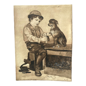 Ca. 1910: A Boy Tends to His Dog's Injury -- Work on Paper, B&w Signed & Titled Drawing