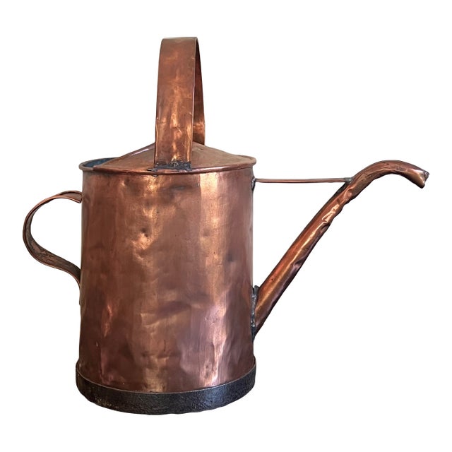 Large French Antique Copper Watering Can & Wrought Iron Rim, 19th Century For Sale