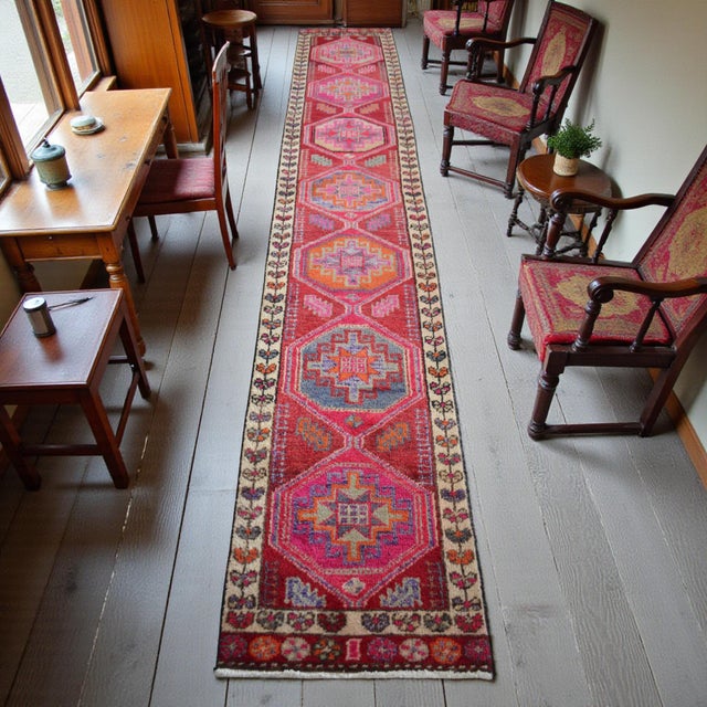 Mid-Century Modern Turkish Runner Rug, Hand-Knotted Organic Wool Runner Rug Kitchen Island Sied Long - Narrow Runner For Sale - Image 3 of 14