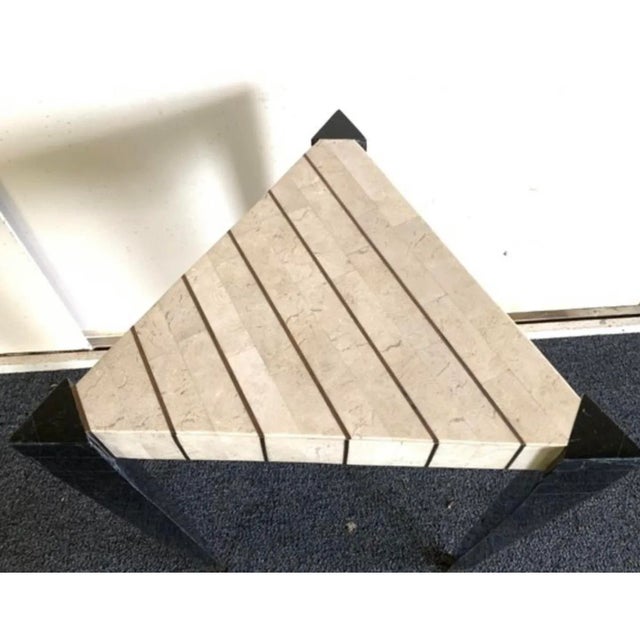 Modern mid century style travertine wood stand. Well made. Made in Philippines. Brass tips. Good condition