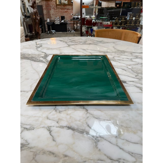 Vintage Brass & Emerald Green Lacquer Serving Tray For Sale - Image 4 of 6
