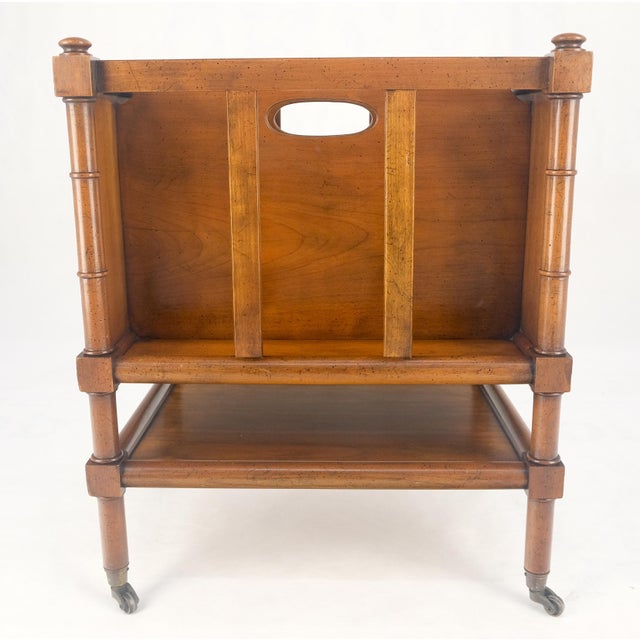 Faux Turned Wood Bamboo Canterbury Magazine Rack on Brass Casters Clean! For Sale - Image 10 of 15