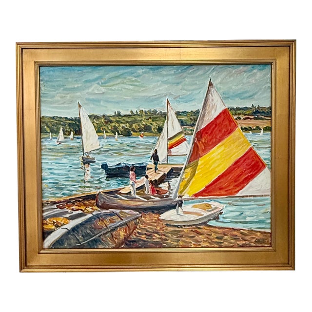 Late 20th Century Edmund Jordan Coastal September Afternoon, Lake Galena Sailboats Oil Painting in Gold Frame For Sale