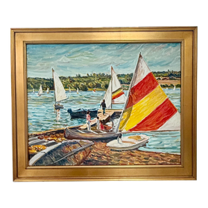Late 20th Century Edmund Jordan Coastal September Afternoon, Lake Galena Sailboats Oil Painting in Gold Frame