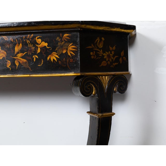 English Chinoiserie Black and Gold Console Tables with White Marble Tops, a Pair For Sale - Image 4 of 12
