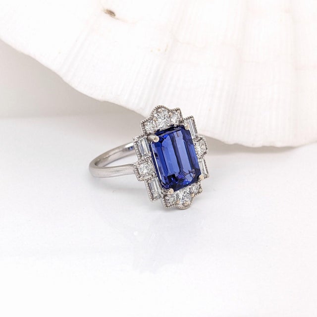 2020s 4.2ct Art Deco Tanzanite Ring With Earth Mined Diamonds Halo: Solid 14k Gold, Size 6.75 For Sale - Image 5 of 7