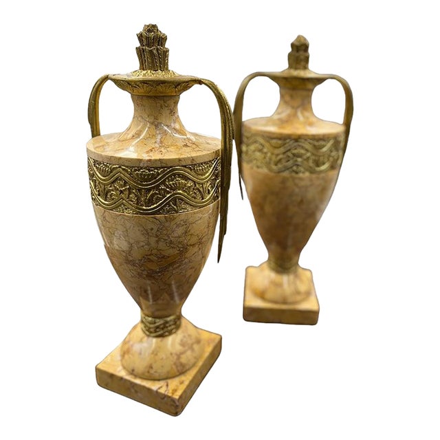 C1920 Pair of French Marble & Bronze Urns For Sale