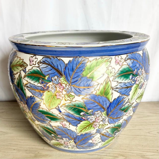 Mid 20th Century Vintage Chinese Hand Painted Blue Flower Porcelain Fishbowl/Vase For Sale - Image 5 of 7
