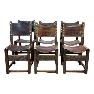 Antique English Chairs in Oak and Leather, 1800s, Set of 6 For Sale