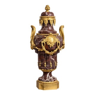 French-Style Burgundy Marbleized Vase – Ornate Gold Leaf & Bronze Details For Sale